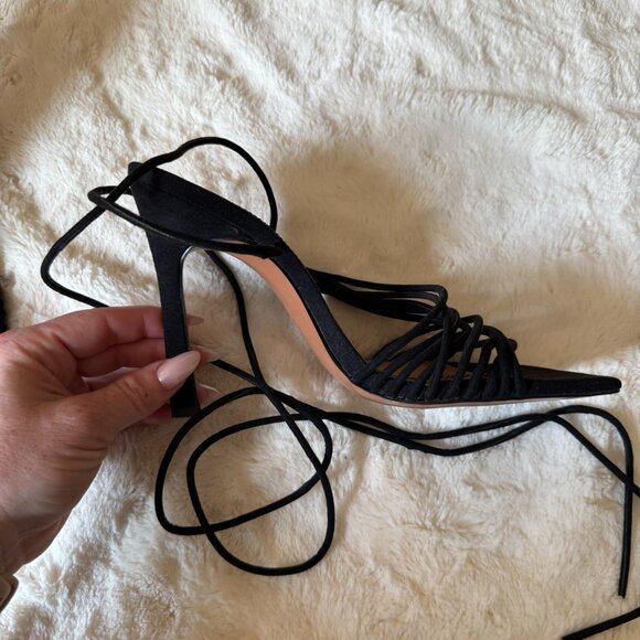 Black Strappy Lace Up Tie Wide Fit Heels - Picture 4 of 9